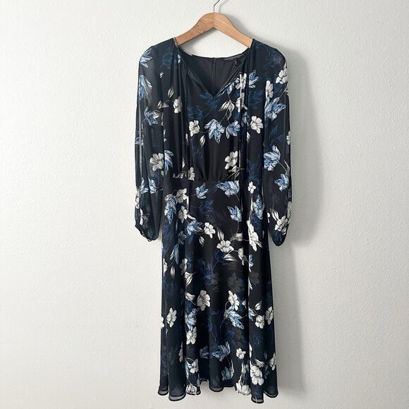 WHBM Black Blue Floral Flowy Long Sleeve Midi Dress women's size 8 - Picture 2 of 12